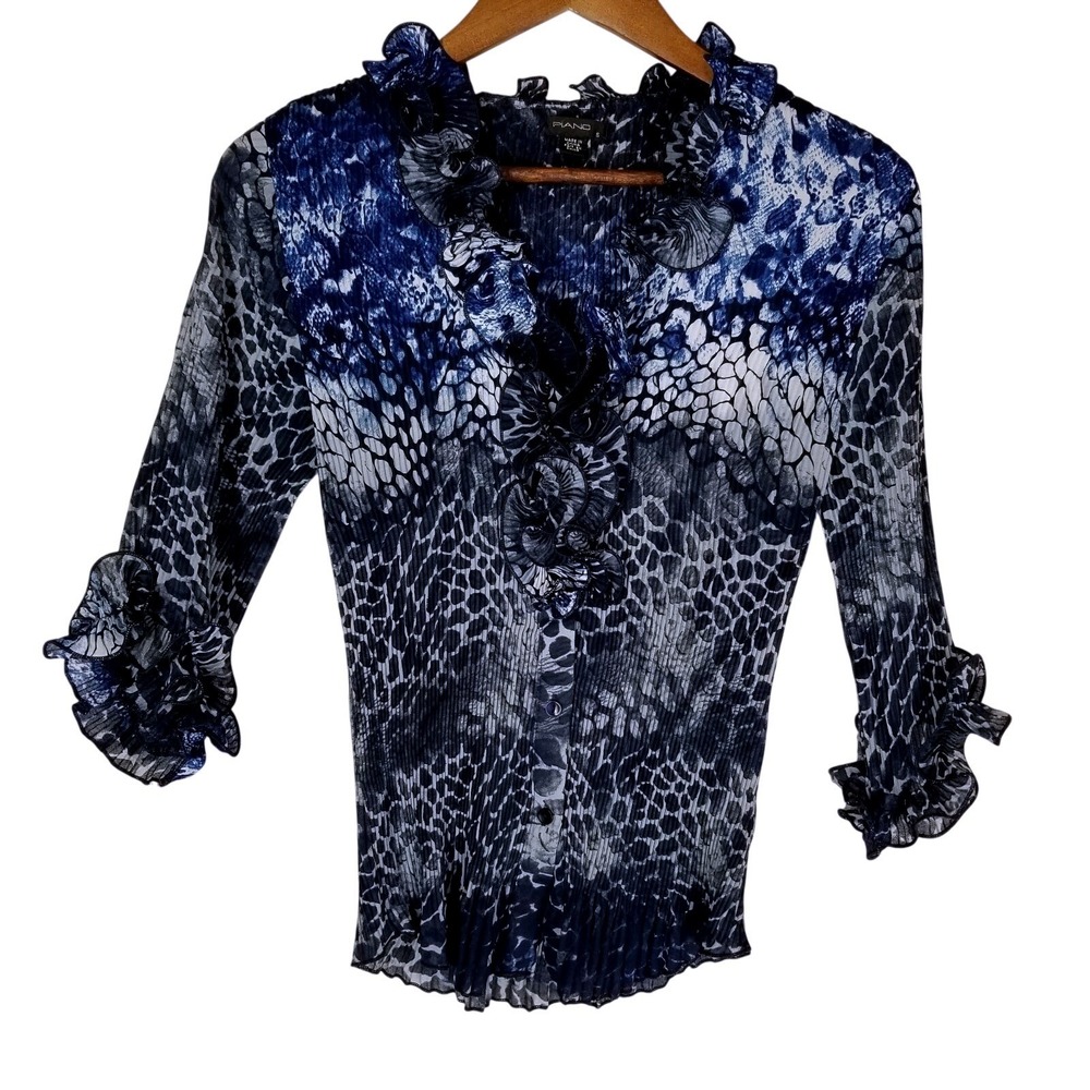 PIANO Women's Blue‎ Black Animal Print Pleated Ruffle Neck 3/4 Sleeve Top Size S